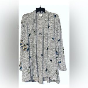 Anthropologie Fig and Flower Gray Blue Cardigan with Floral Embroidery SizeM